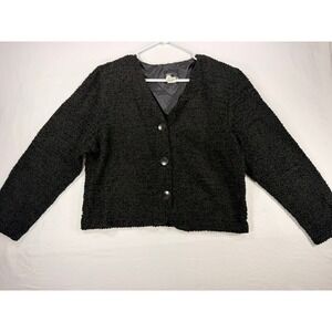 First Option Textured Boucle Jacket Women Medium Black V-Neck Button Up